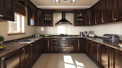 black kitchen design with dark wooden cabinetry, stylish colour and material scheme for decorating kitchen in daylight