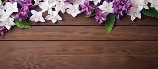 Purple and white flowers on wooden background