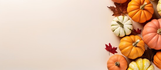 A group of pumpkins and autumn leaves on a white surface - obrazy, fototapety, plakaty