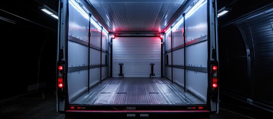 A truck with doors open in a dimly lit room