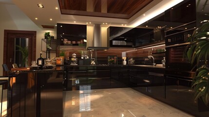 modern and elegant black kitchen design with dark wooden cabinetry, stylish colour scheme, and material scheme for decorating kitchen in daylight