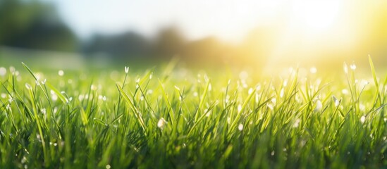 Fototapeta na wymiar Sunlit grass field close-up with morning freshness