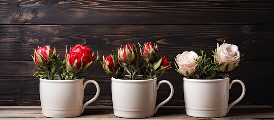 Three white mugs with flowers on table