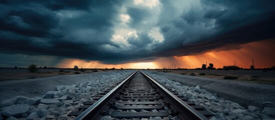 A train track under an approaching storm - obrazy, fototapety, plakaty