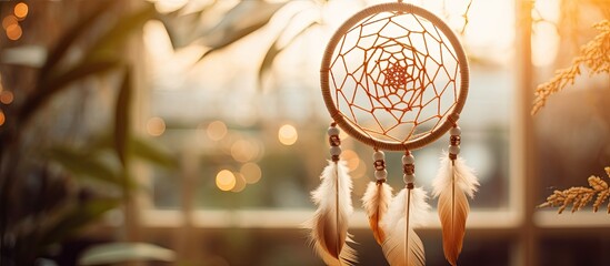 A close up of a wood twig dream catcher hanging from a glass window. The art piece forms a symmetrical circle with metal and lighting accessories, creating a captivating visual event on the ceiling - obrazy, fototapety, plakaty