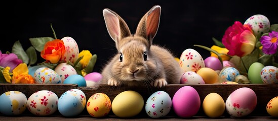 A rabbit in a basket with colorful eggs - Powered by Adobe