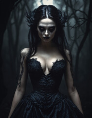 Gothic mysterious woman in black dress in dark forest - obrazy, fototapety, plakaty
