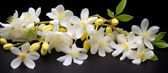 White flowers on black surface with green leaves