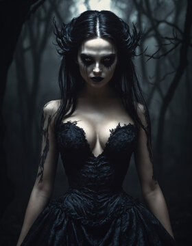 Gothic mysterious woman in black dress in dark forest