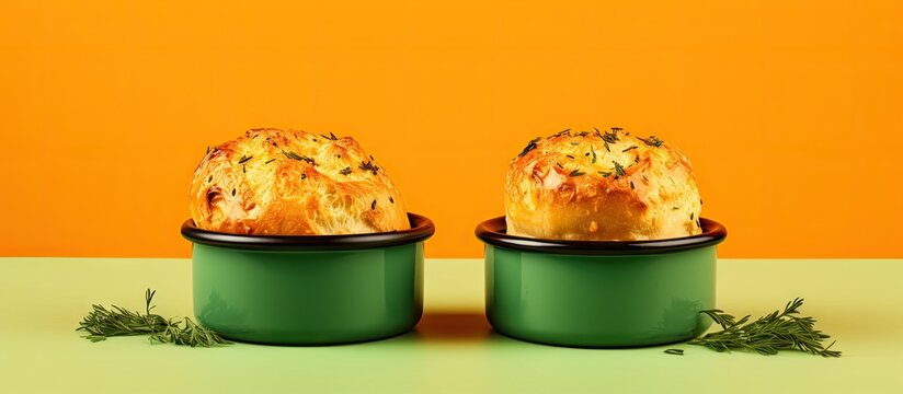 Two green bowls with bread on a table