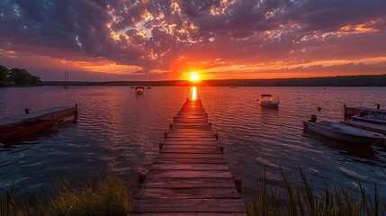Panoramic view of a beautiful sunrise on a lake with a wooden pier