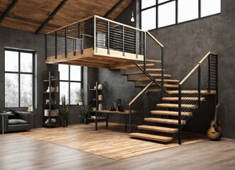 Wood Mezzanine floor with stairs  - obrazy, fototapety, plakaty