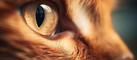 A closeup of a Felidaes eye reveals a striking orange iris with long eyelashes and whiskers. The cats fawncolored snout and small to mediumsized features add to its carnivore charm - obrazy, fototapety, plakaty
