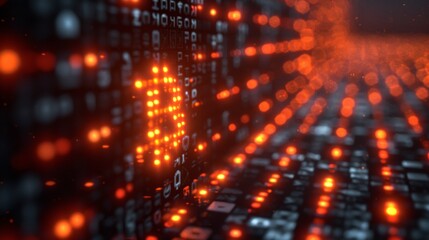 Obraz premium A vibrant flow of digital data streams across a computer keyboard, visually representing the concept of information transfer in cyberspace. The glowing red binary code signifies the rapid movement and