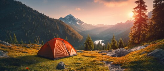 A tent pitched on a grassy hill overlooking a distant lake - obrazy, fototapety, plakaty