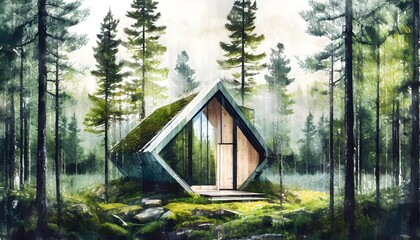 Modern minimalistic tinyhouse in the middle of a dense pine forest, showing zen, peace and one with nature.