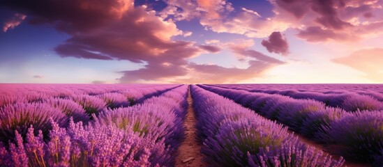 Lavender field at sunset with clouds and sun