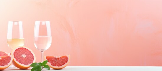Two glasses wine grapefruits table
