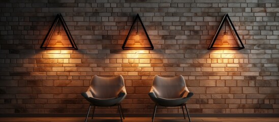 Two chairs against brick wall with three geometric lamps