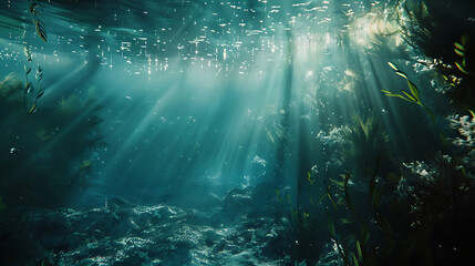 Underwater world scene. Coral reef and sun ray shining through clean ocean water. Generative AI illustration