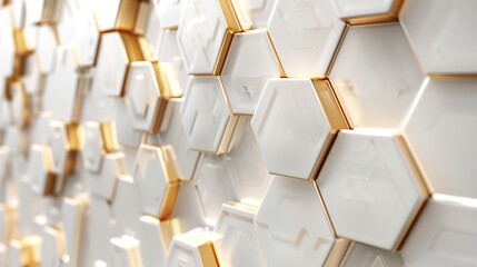 Abstract white luxury background with golden hexagons. 3d rendering