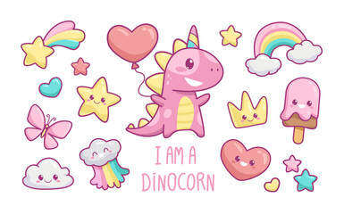 Kawaii Baby Dinosaur Unicorn with elements in pastel color style vector set. Cute cartoon Pink Dinosaur Unicorn with funny kawaii ice cream, cloud, rainbow, heart, happy star etc for pattern design