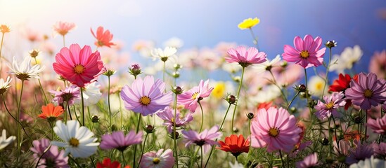 Colorful wild blooms under clear blue sky
