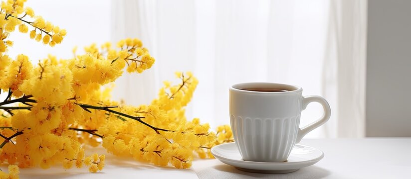 Yellow flowers and a cup of coffee on white surface