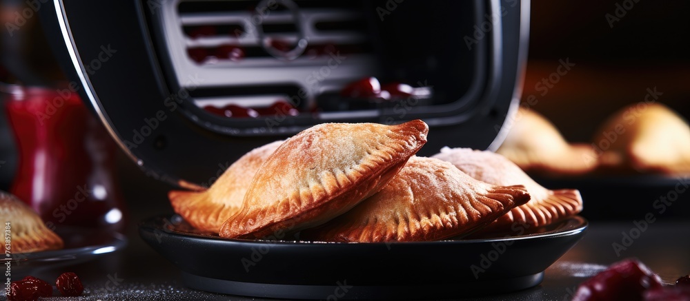 Poster Two pastries in ceramic dish on wooden table