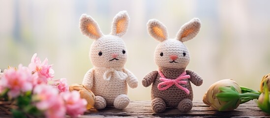 Two crochet rabbits sitting together - obrazy, fototapety, plakaty