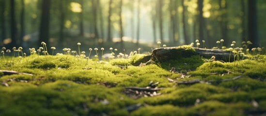Sunlight filtering through mossy woodland