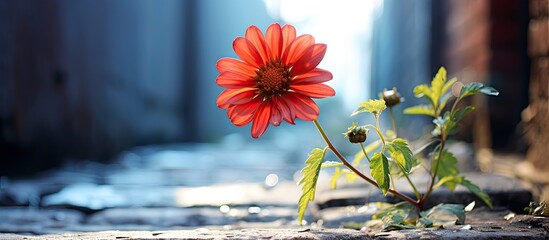 A red flower emerging from a crack in the ground