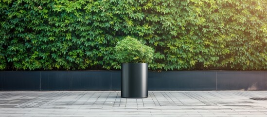 A black planter on brick floor beside wall