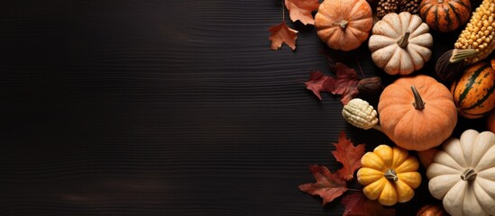 A variety of pumpkins and gourds on a dark wood table - obrazy, fototapety, plakaty