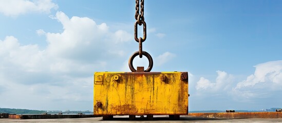 Large yellow box with hanging chain and giant crane hook block for heavy lifting