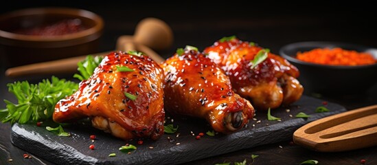 Grilled chicken thighs and drumsticks with honey glaze - obrazy, fototapety, plakaty