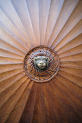 Brown hardwood door with lion head pattern, adding symmetry to the building