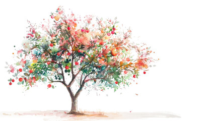 Watercolor Painting of Apple Tree on isolated white background. PNG Format