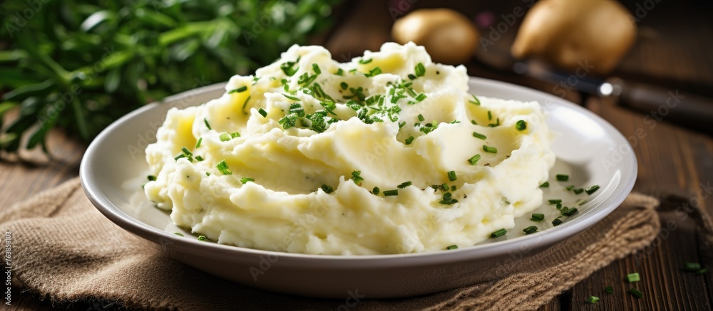 Canvas Prints A bowl of creamy mashed potatoes topped with fresh chives