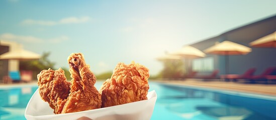 Person with fried chicken by pool - obrazy, fototapety, plakaty