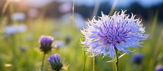 Purple flower in the midst of a field - obrazy, fototapety, plakaty