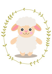 Cute sheep inside an oval leaves border