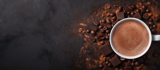 A cup of coffee with chocolate and coffee beans on a black background