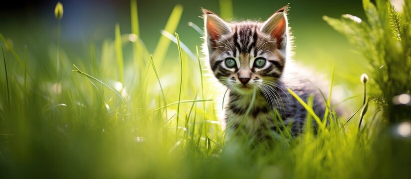 A small kitten walking in the green grass