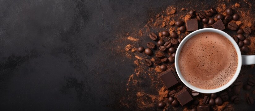 A cup of coffee with chocolate and coffee beans on a black background