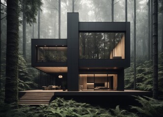 interior design of forest luxurious home, dark modern architecture house