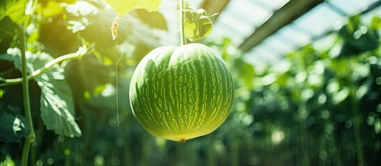Green melon hanging from vine in greenhouse