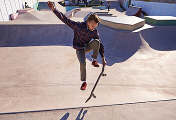 Skateboard, training and man with ramp, energy and competition with cardio and sunshine. Adventure, person and skater with practice for technique and skating style with exercise, sports and skills