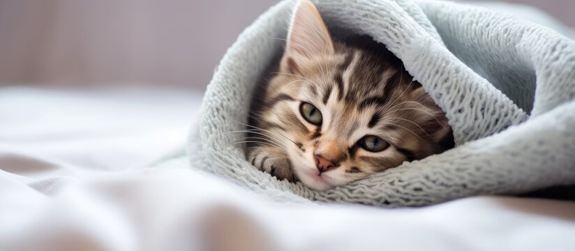 Cat peeking under blanket on cozy bed