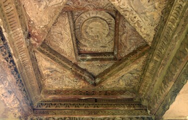 Decorative architectural ceiling with intricate patterns and designs. at Khujraho, Madhya Pradesh,...